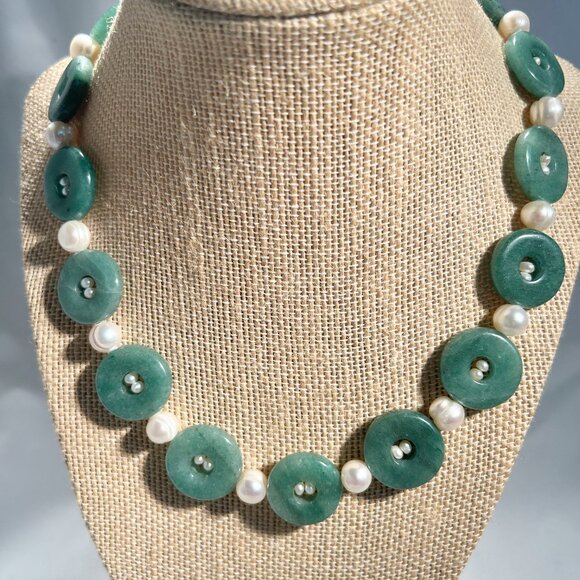 Jade and Freshwater Pearl Statement Necklace Choker Good Luck - Picture 2 of 8